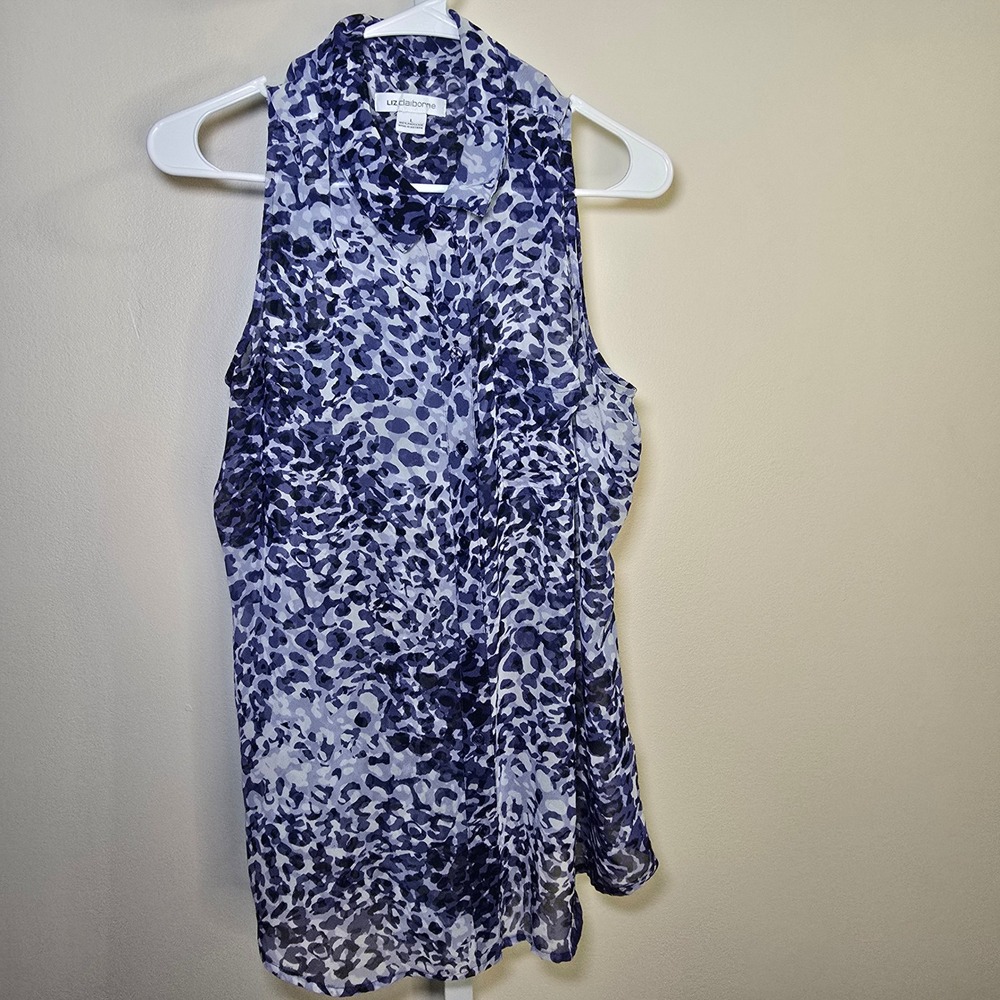 Liz Claiborne Sleeveless Blouse‎ Top Blue White Abstract Print L